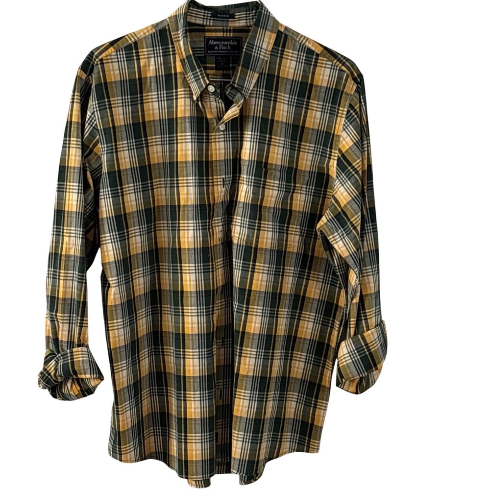 Abercrombie‎ Fitch Shirt Mens XLarge Muscle Long Sleeve Button Up Green/yellow